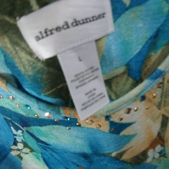 Alfred Dunner Knit Floral Top Turquoise Blues Beige NWOT Size L - Picture 4 of 4